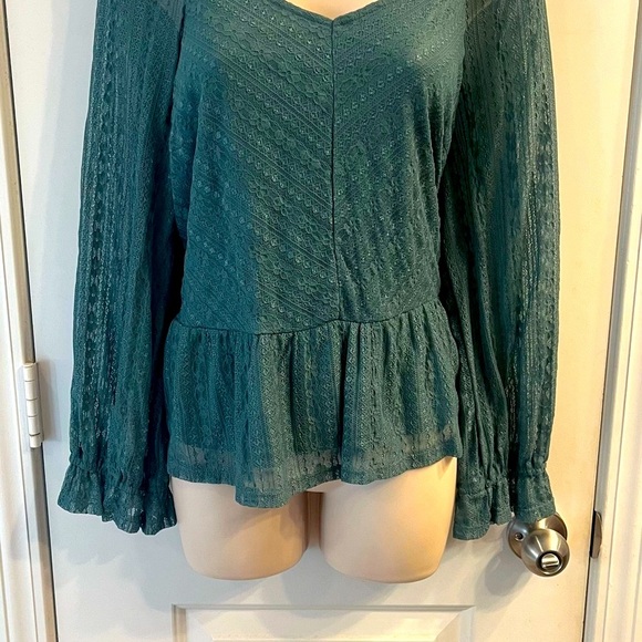 EUC! LC Lauren Conrad Teal Lace puffy sleeve Smocked Peplum Blouse XL - Picture 11 of 15